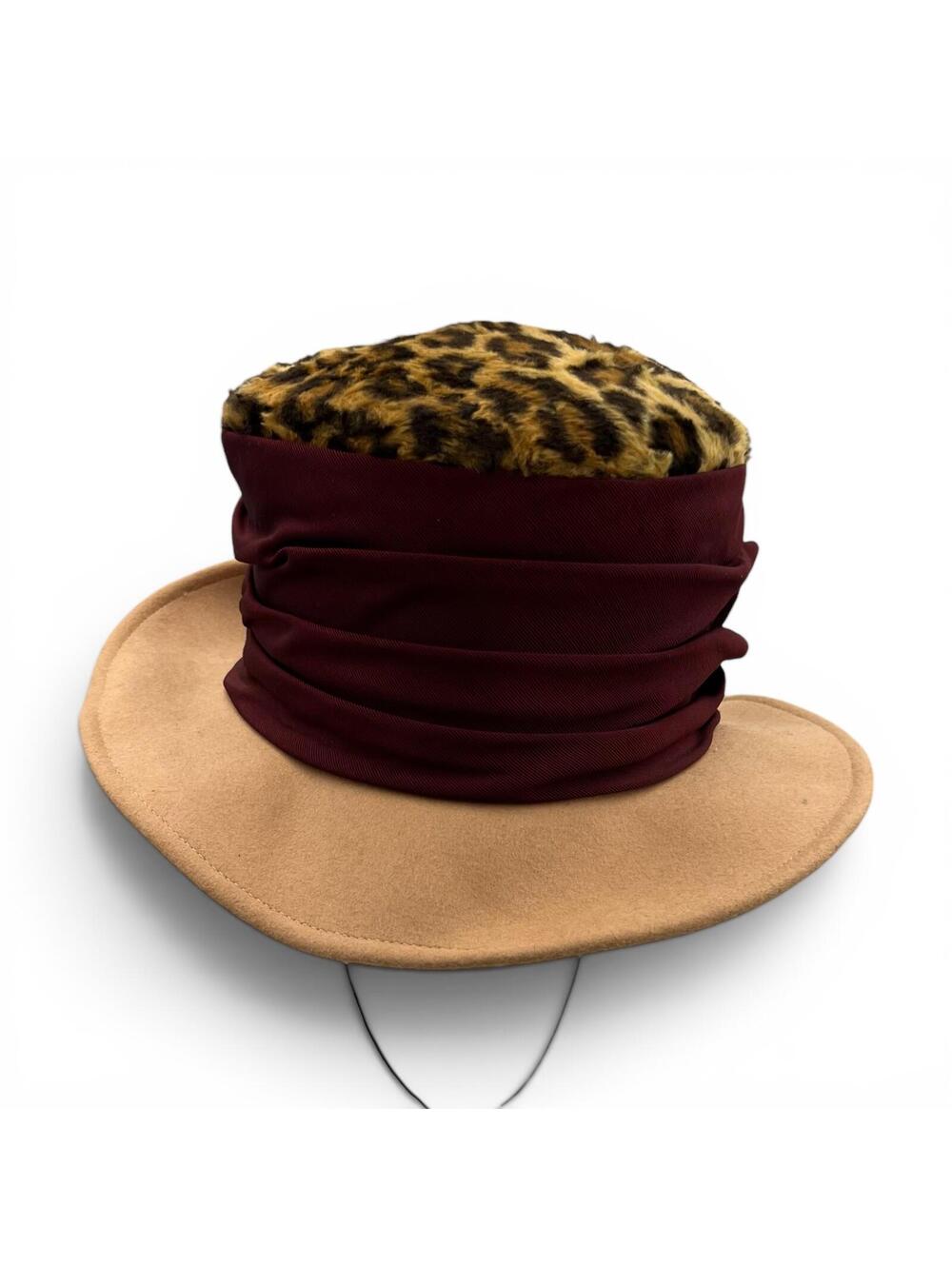 Vintage 80s Wool Faux Fur Leopard Print and Burgundy Accent Wide Brim Hat